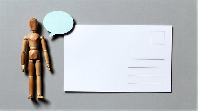Wooden figure beside blank speech bubble and envelope, symbolizing unspoken thoughts or messages.