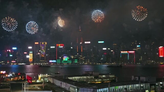 Chinese New Year beautiful fireworks at Victoria habour, Hong Kong, 4k