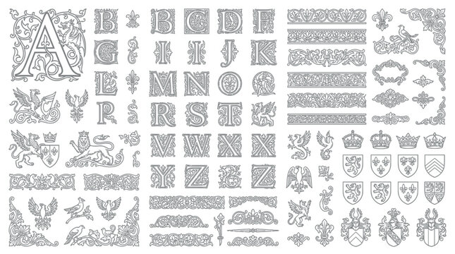 Ornate Heraldic Emblems and Decorative Typography Collection