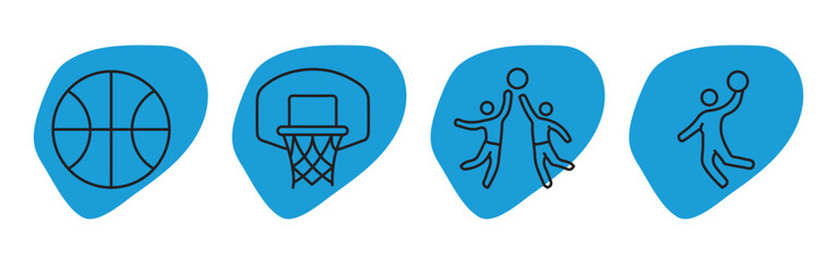 Basketball gameplay icon set – editable line symbols of official basketball, backboard hoop net, jump ball rebound, and slam dunk action player © marufpro555777
