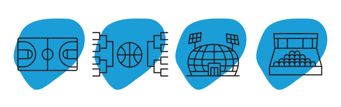 Basketball tournament layout icon set &ndash; editable line symbols of full court diagram, playoff bracket chart, indoor sports arena, and ball rack storage