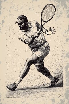 A stylish engraving illustration of a tennis player smashing a ball.