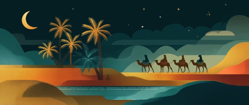 A flat vector illustration of an oasis with palm trees and camels in the desert at night.