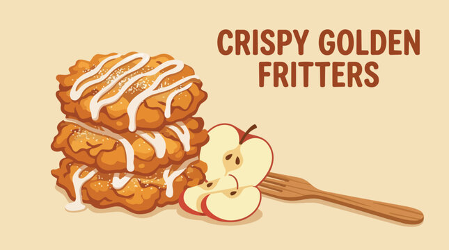 Stack of crispy golden apple fritters drizzled with sugar glaze next to sliced apple and wooden fork for bakery breakfast
