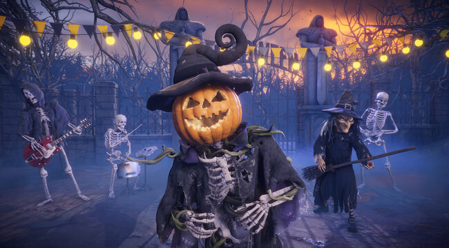 Funny scarecrow with pumpkin head and skeleton body and spooky skeletons dancing at Halloween party in a gothic graveyard, 3D render