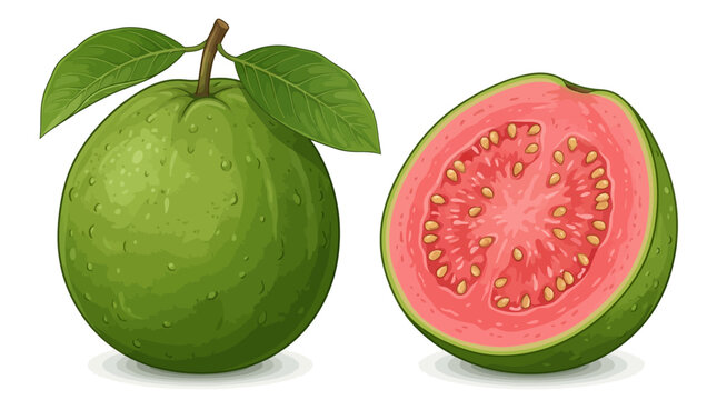 Fresh whole and sliced pink guava fruits isolated on a white background.