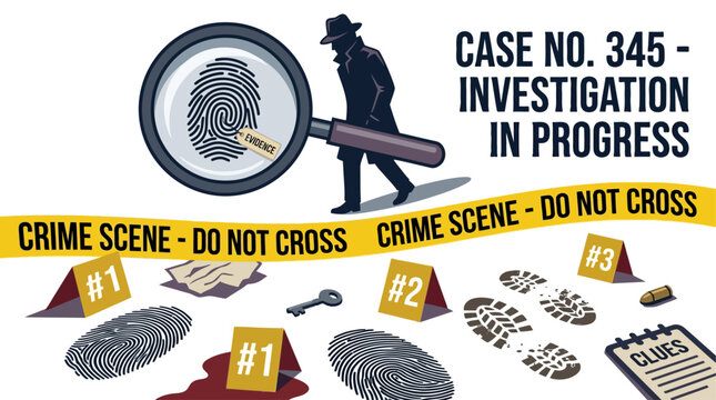 Detective investigating a crime scene with fingerprints and evidence markers in a criminal case.