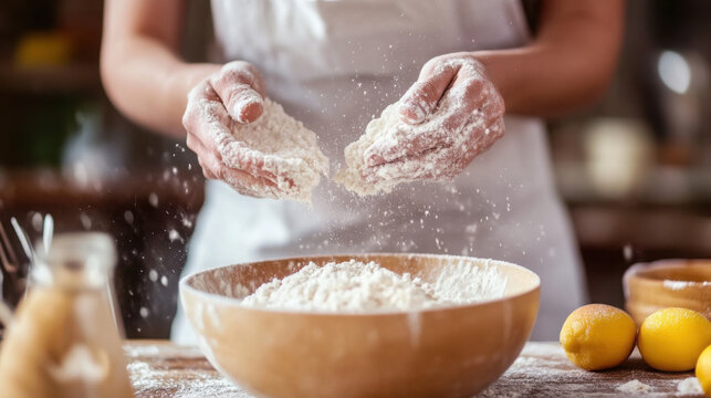 Baker hands dusting flour over wooden bowl for baking bread or pastry preparation
