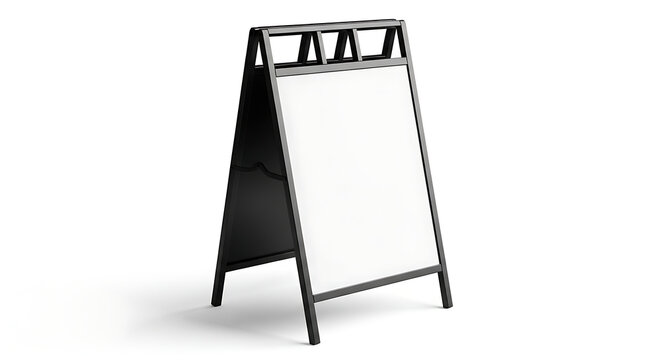 Modern black metal a-frame sidewalk sign board mockup blank white panel for advertising isolated on a transparent background