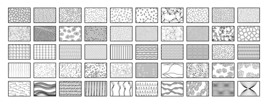 Organic cell and nature texture swatches, black and white line patterns of pebbles, bubbles, dots, veins, scales, roof tiles, waves and flowing stripes, abstract biology vector background set