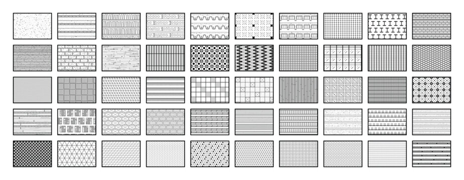 Architectural hatch pattern collection. Foundation, slab, facade, flooring, ceiling and timber section patterns for construction drawings, interior plans, engineering and CAD details. Black and white