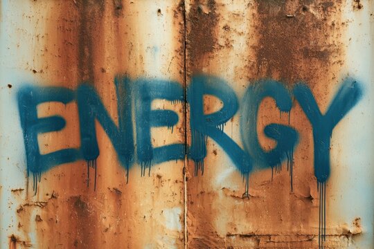 Blue spray paint forming the word energy dripping on an old rusted metal wall