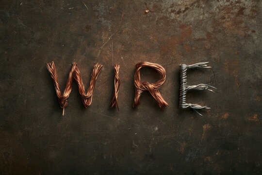 Copper and aluminum wires forming the word wire on an industrial textured surface