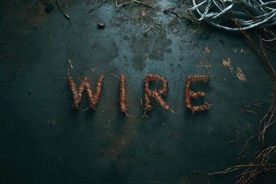 Copper wire forming the word wire on a textured industrial surface