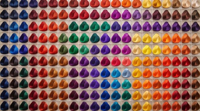 Hair color palette displaying vibrant multicolored shades, professional salon concept, modern beauty styling, colorful hair dye selection, and design