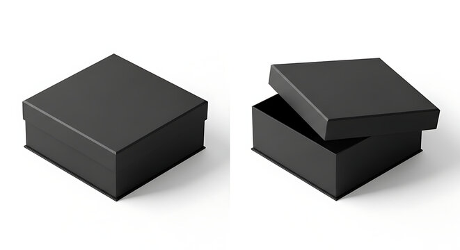 Square black gift box mockup set closed and open with lifting lid isolated on white background packaging isolated on a transparent background