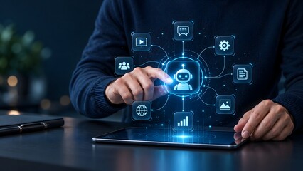 Obraz premium Professional interacting with holographic AI assistant and virtual chatbot interface over digital tablet for automated workflow management