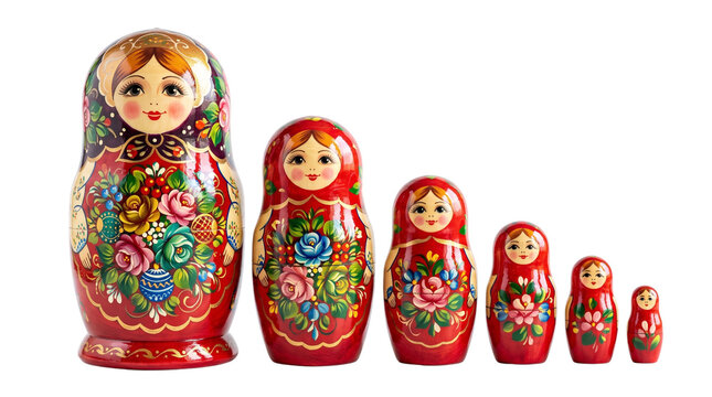 Traditional nesting dolls in row, painted wooden matryoshka set, colorful folk art souvenirs isolated PNG with Transparent Background