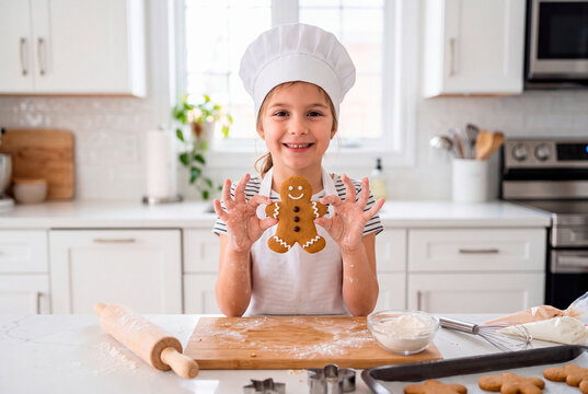 Una ni&ntilde;a con gorro y delantal de chef  con las manos manchadas de harina, sostiene una galleta de jengibre hecha por ella en la luminosa cocina de su casa para Navidad.