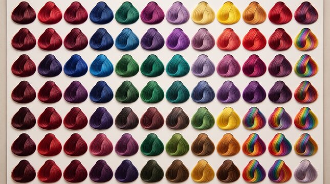 Hair color palette displaying vibrant multicolored shades, professional salon concept, modern beauty styling, colorful hair dye selection, and design
