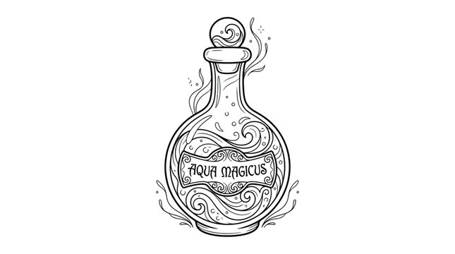 Magical Potion Bottle with Swirling Liquid and Ornate Label