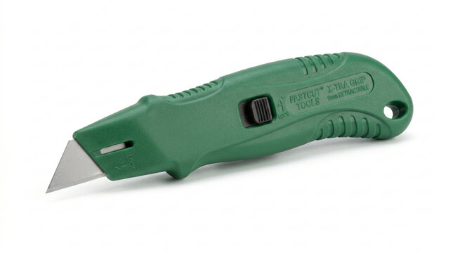 Ergonomic green retractable utility knife with a sharp steel blade and secure grip isolated on a white background for industrial work, crafting, and office use