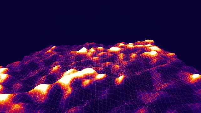Dark digital landscape with glowing orange heat map peaks and wireframe grid ripples in a futuristic 3D animation