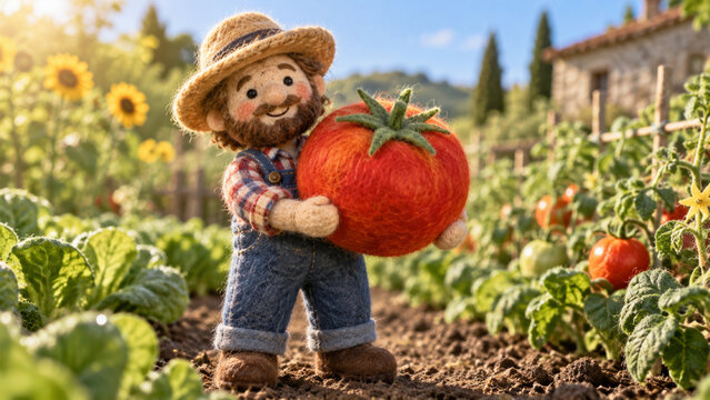 畑で大きなトマトを抱えて喜ぶ農家の男性・農業や地産地消イメージ/Happy farmer holding a large tomato in a vegetable field, agriculture and local consumption concept