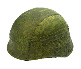 Obraz premium Green military helmet with camouflage pattern displayed on a white background