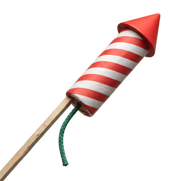 Traditional red and white striped firework rocket with green fuse and wooden stabilizing stick, perfect for festive celebration designs isolated on a transparent background.