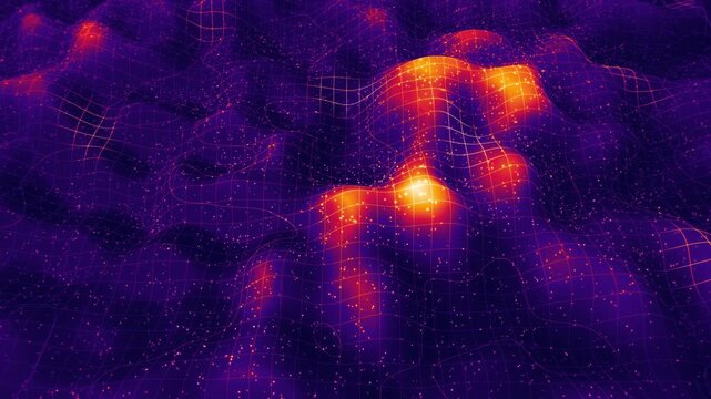 High angle view of dark purple fluid terrain with luminous orange grid peaks and glittering sparkles in a 3D render