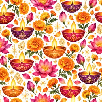 Diwali seamless pattern with watercolor diyas and lotus flowers