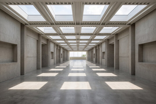 Long corridor with multiple skylights creating rhythm of light pools on floor