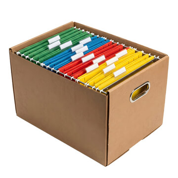 Sturdy brown cardboard storage box filled with color-coded hanging folders in green, blue, red, and yellow for office organization and document filing, isolated on a transparent background.