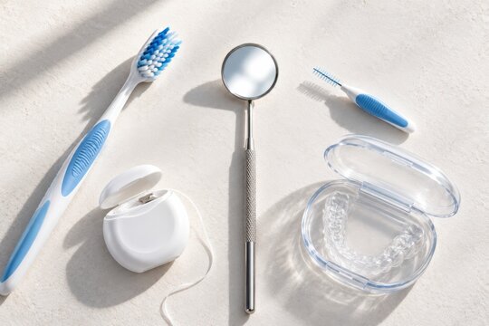 Dental Care Toolkit Flat Lay with Toothbrush, Floss, Mirror and Retainer