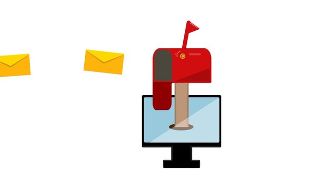 A flying letter entering a mailbox displayed on a computer screen, illustrating digital mail delivery and communication.