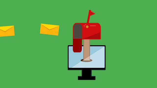 A flying letter entering a mailbox displayed on a computer screen, illustrating digital mail delivery and communication.