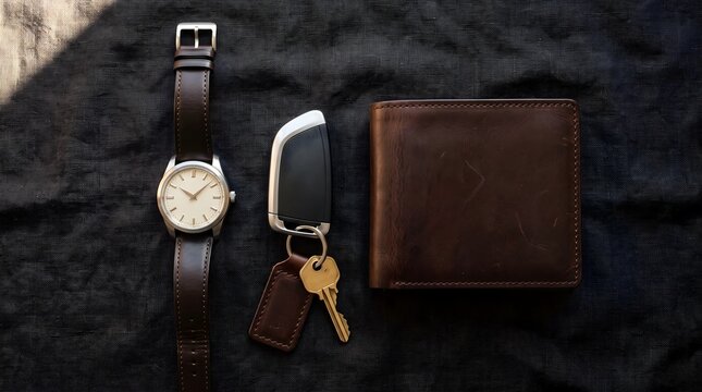 Man's daily essential flat lay: analog watch, car key, wallet on dark fabric.