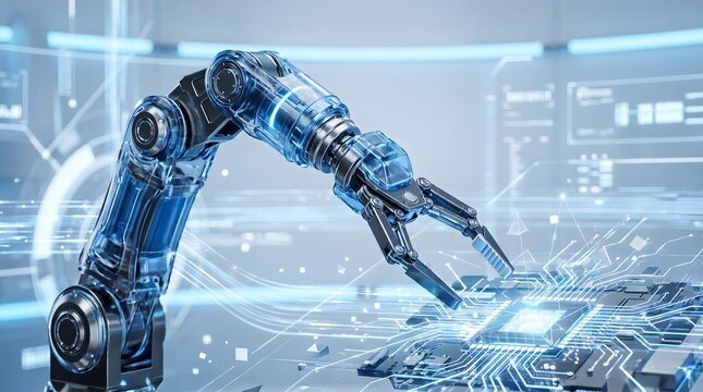 Robotic arm assembling advanced microchip on digital technology interface