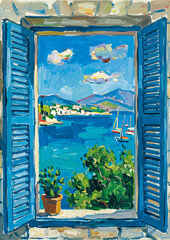 Fototapeta premium View from an open window of a sea bay with a sailboat, watercolor