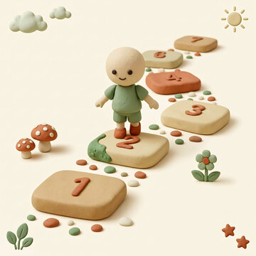 Cute clay child walking on numbered stepping stones through whimsical scene with mushrooms and flowers, concept of learning numbers and childhood imagination