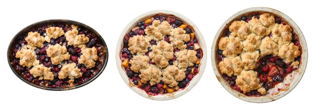 Delicious berry and peach crumble desserts arranged in ceramic baking dishes showcasing golden crusts with vibrant fruit filling isolated as a flat lay on transparent background