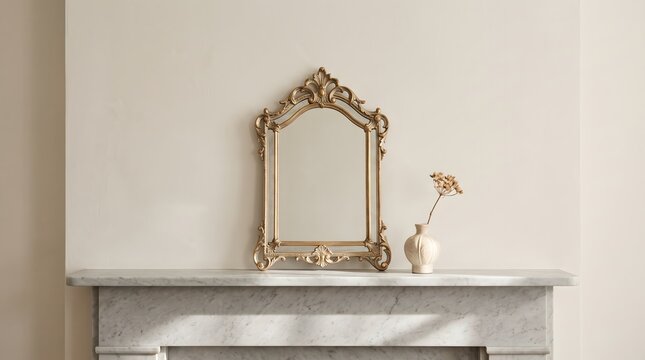 Vintage gold mirror with dried flowers on a white marble mantelpiece