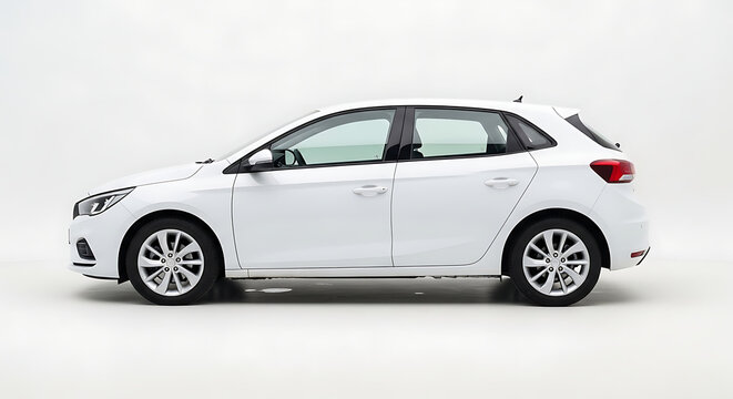 Modern white hatchback car side view isolated on studio background, for automotive presentation, white car isolated on a transparent background