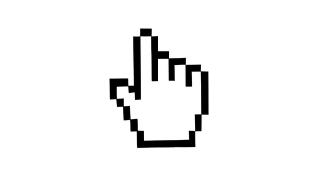 Pixelated black hand cursor pointing, isolated on transparent background
