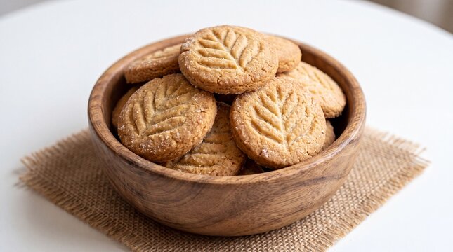 A traditional Indian sweet called Thekua, served in a wooden bowl on a jute mat. It's a popular snack during the Chhath Puja festival