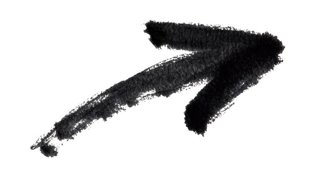 Rough black ink brush stroke arrow pointing right, isolated on transparent background