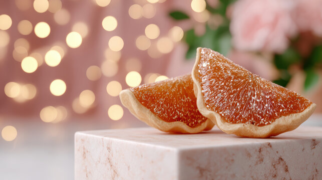 Orange slices arranged on marble block with glittering bokeh lights and floral blur, sugared citrus segments positioned on small pedestal for dessert styling and studio still life presentation