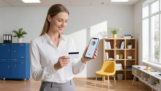 Smiling woman compares a payment card with a smartphone displaying a colorful financial chart for digital banking, mobile payments and personal finance management
