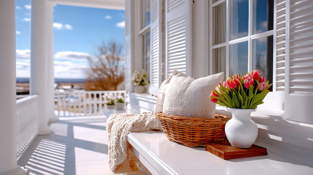 Sunny porch bench with woven basket, textured throw pillow and vase of tulips by white shutters overlooking coastal view for lifestyle staging and seasonal home decor imagery